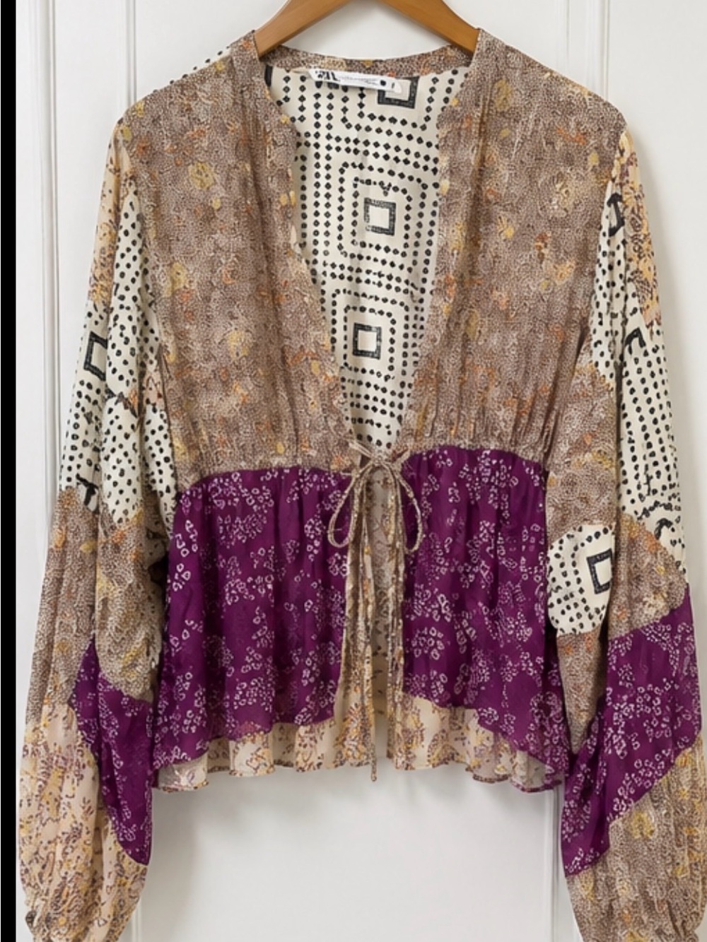 Zara Mixed-Print Tie-Front Tunic in Purple and Beige